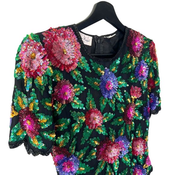 Vintage 90s Laurence Kazar Black Multicolor Floral Sequin Silk Short Sleeve Top - Picture 2 of 8